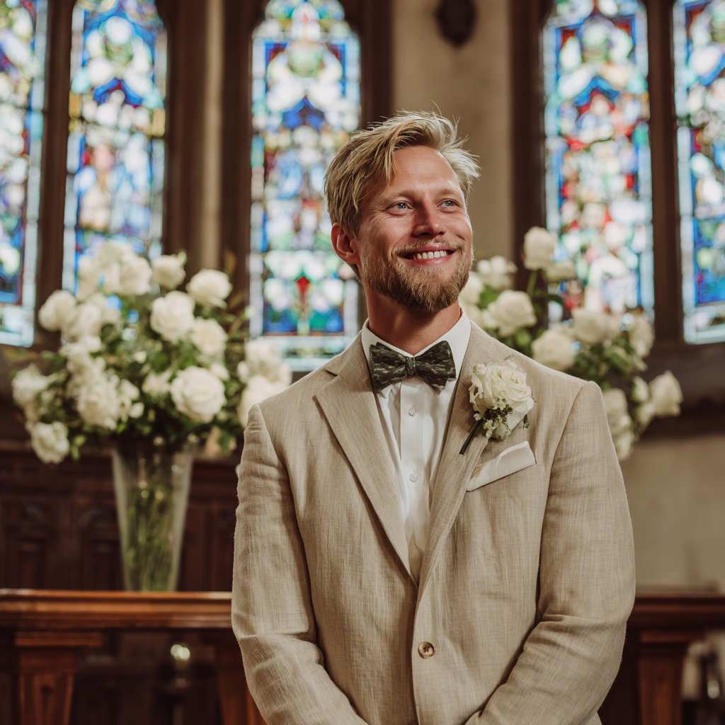 Un marié souriant dans un costume en lin | Source : Midjourney