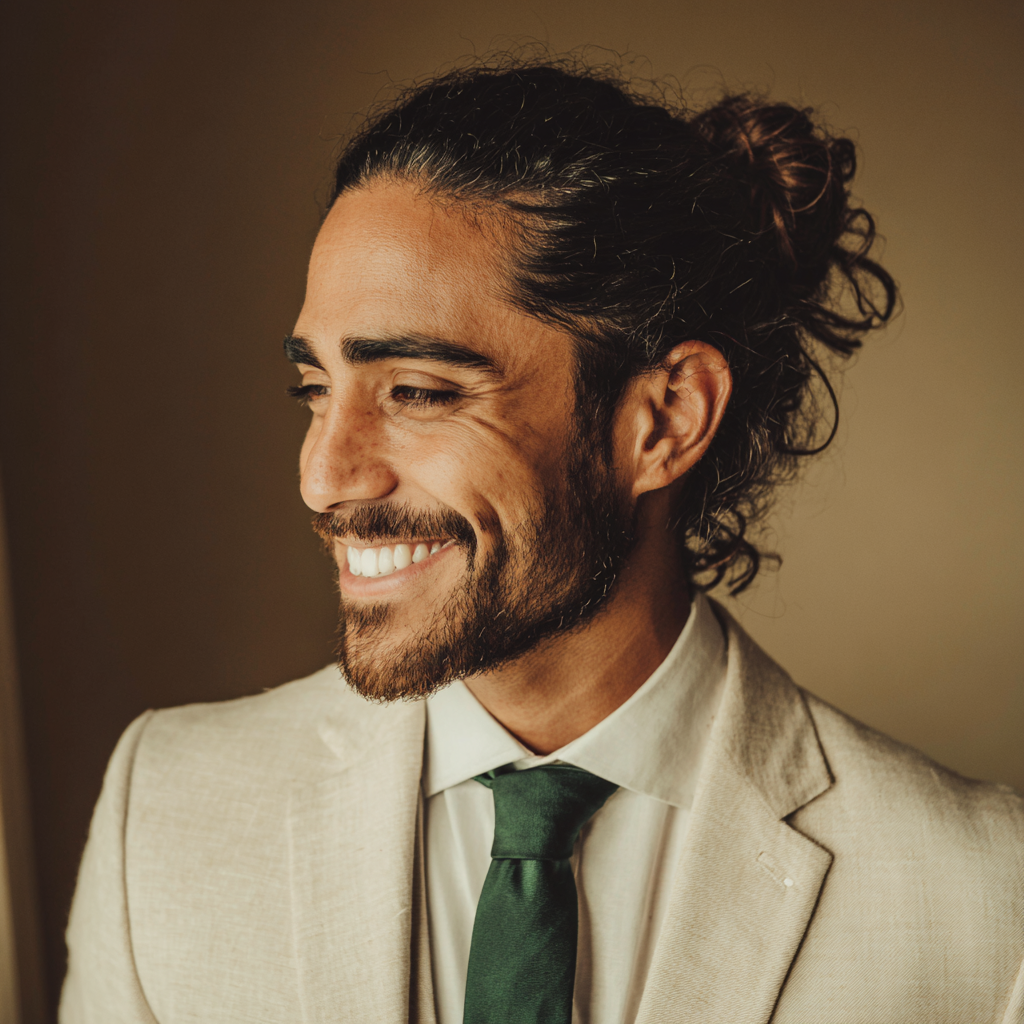 Un homme souriant portant un costume | Source : Midjourney