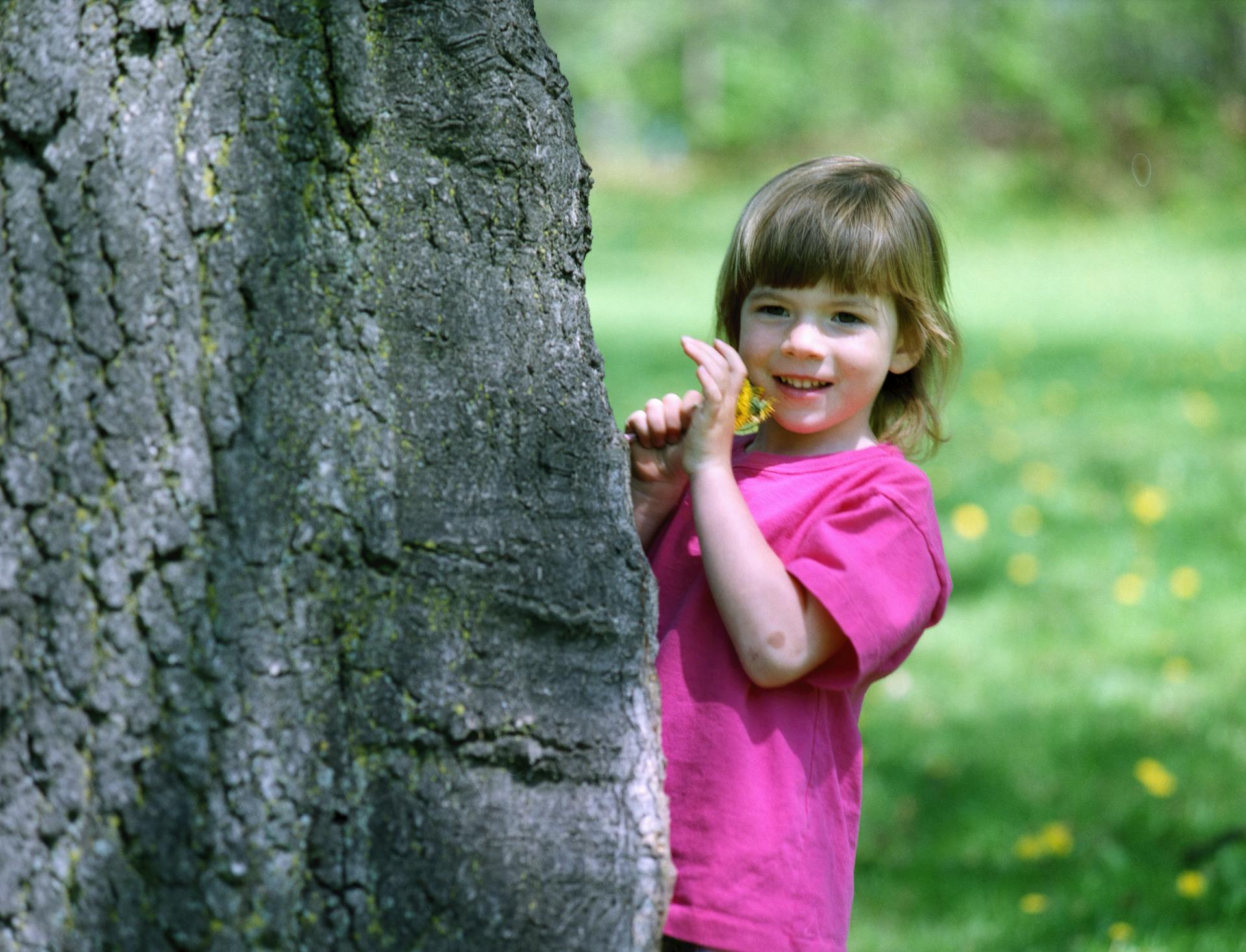 Une fille en chemise rose debout derrière un arbre | Source : Pexels