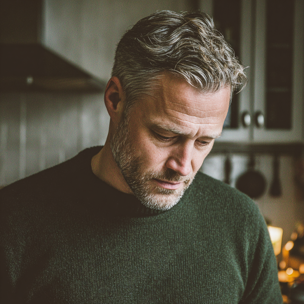 Un homme émotif portant un pull vert | Source : Midjourney