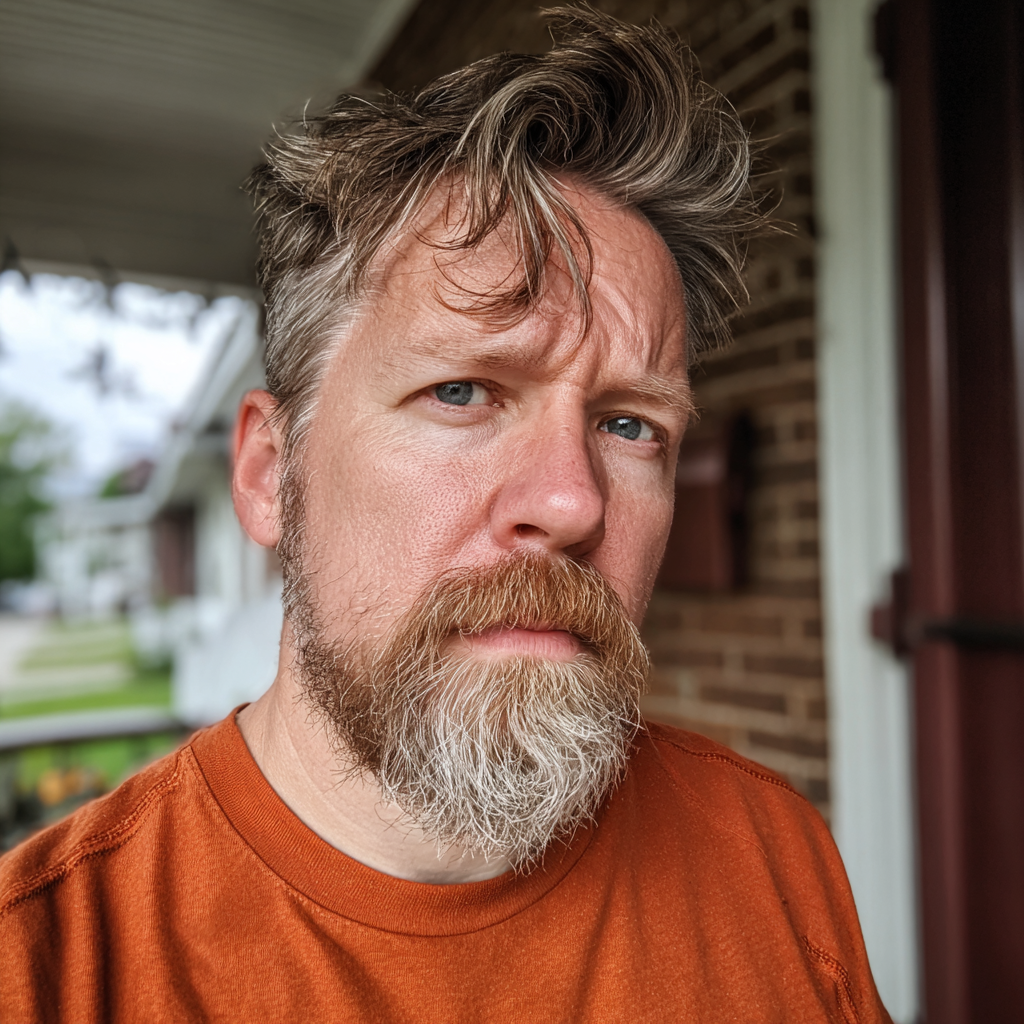 Un homme renfrogné portant un t-shirt orange | Source : Midjourney