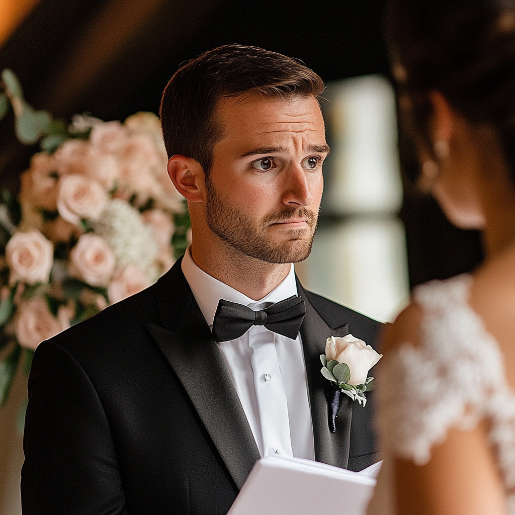 Le marié se tient devant sa fiancée inquiète | Source : Midjourney