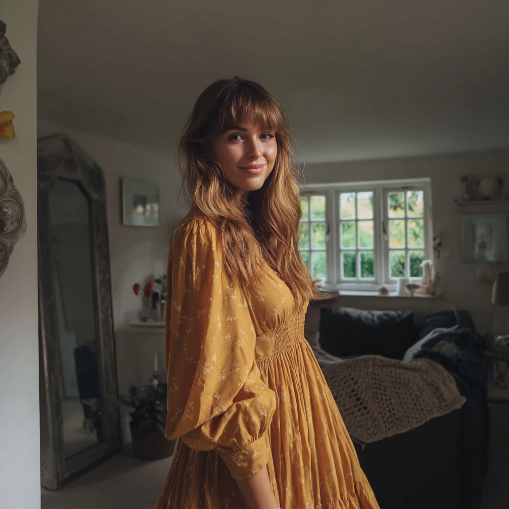 Une femme souriante debout dans un salon | Source : Midjourney