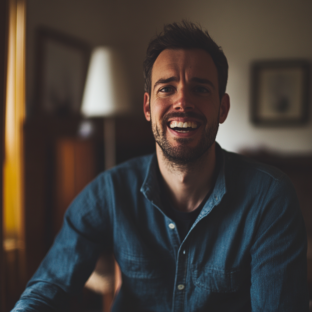 Un homme souriant dans un salon | Source : Midjourney
