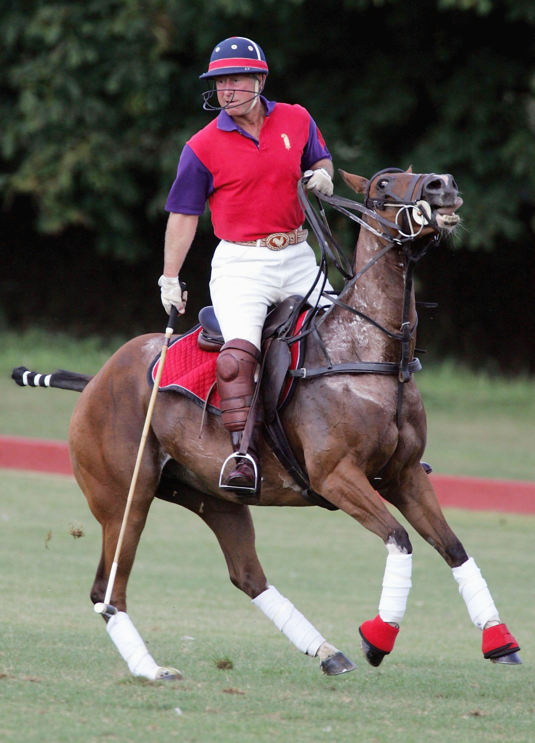 Le roi Charles III joue pour l'équipe de polo Highgrove lors d'un match de charité au profit de la Royal Agricultural Benevolent Institution au Beaufort Polo Club de Tetbury, en Angleterre, le 23 juillet 2005 | Source : Getty Images