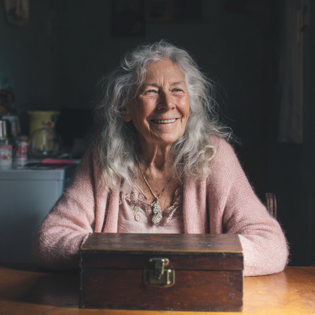 Une vieille femme souriante assise à une table | Source : Midjourney