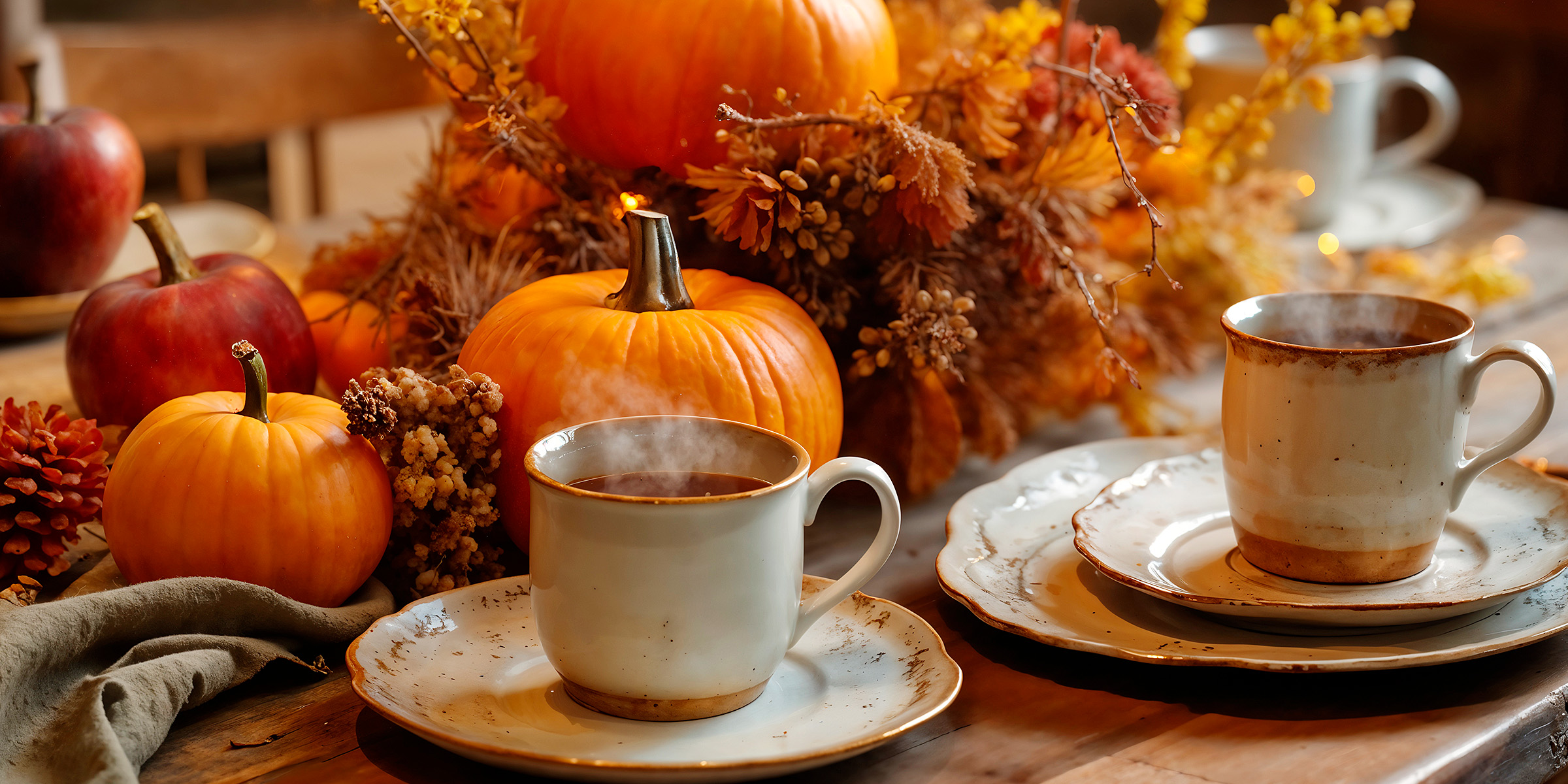 Une table de fête dressée avec des citrouilles et des tasses en céramique | Source : Freepik
