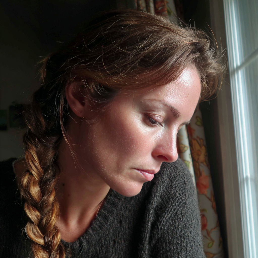 Une femme bouleversée assise près d'une fenêtre | Source : Midjourney