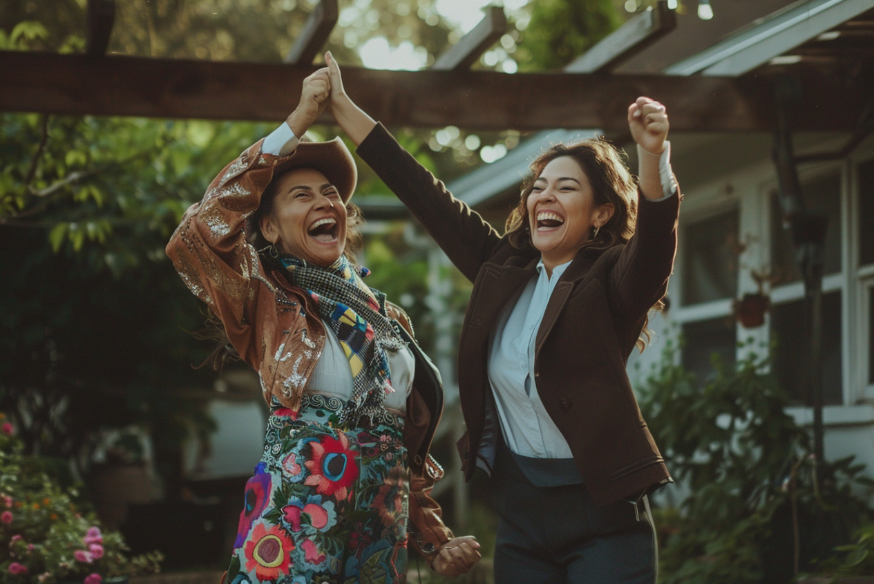Une jeune femme et sa mère en train de faire la fête | Source : MidJourney