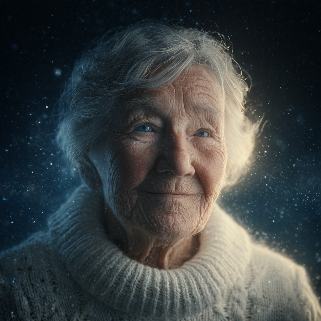 Portrait d'une femme âgée souriante debout sur fond de ciel étoilé | Source : Midjourney