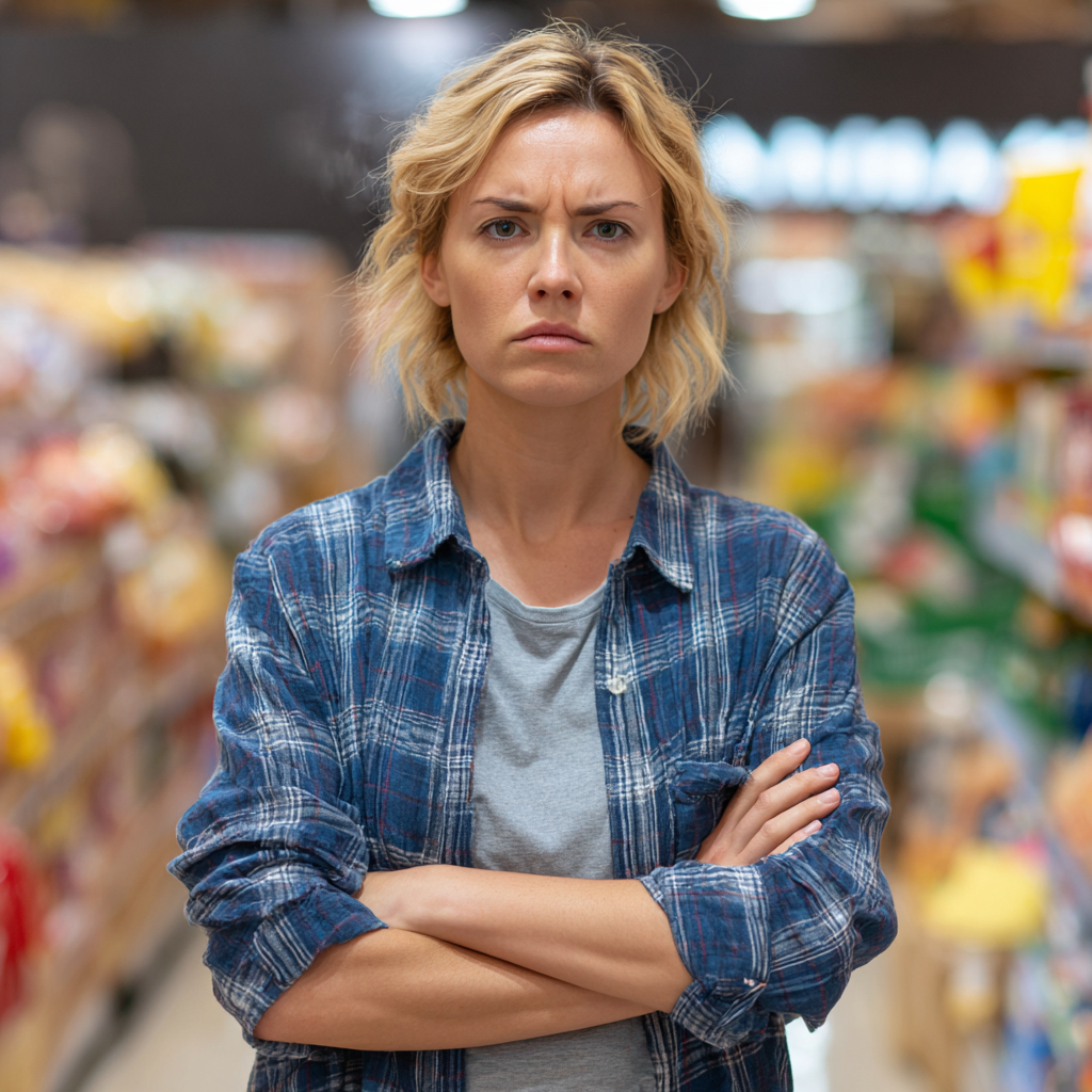 Une femme qui fronce les sourcils debout dans une épicerie | Source : Midjourney