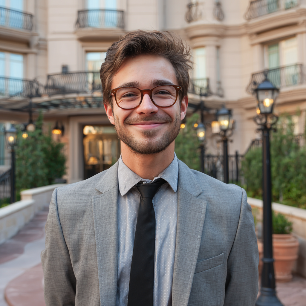 Un jeune homme souriant portant un costume gris | Source : Midjourney