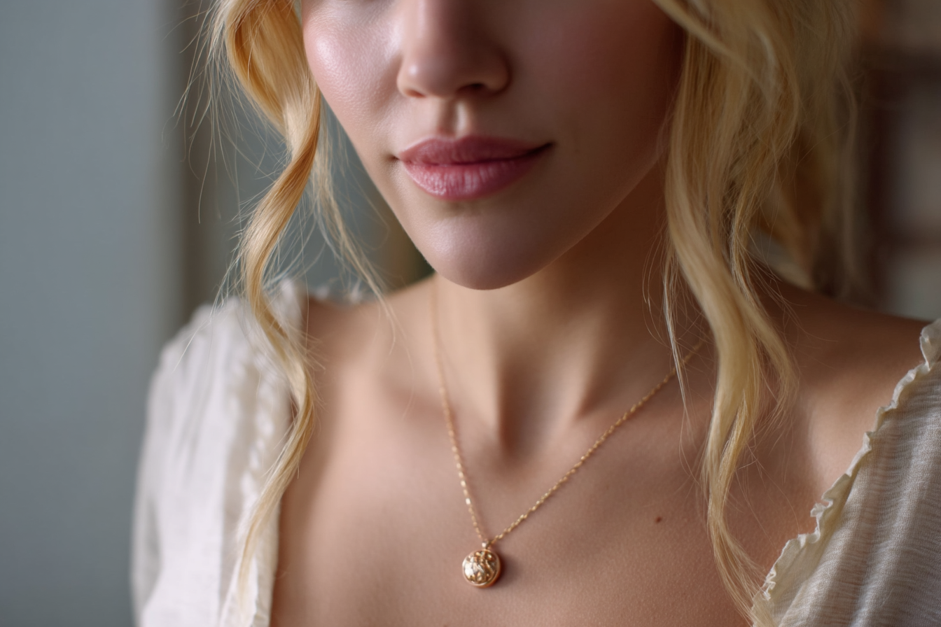 Gros plan sur une femme portant un médaillon en or | Source : Midjourney