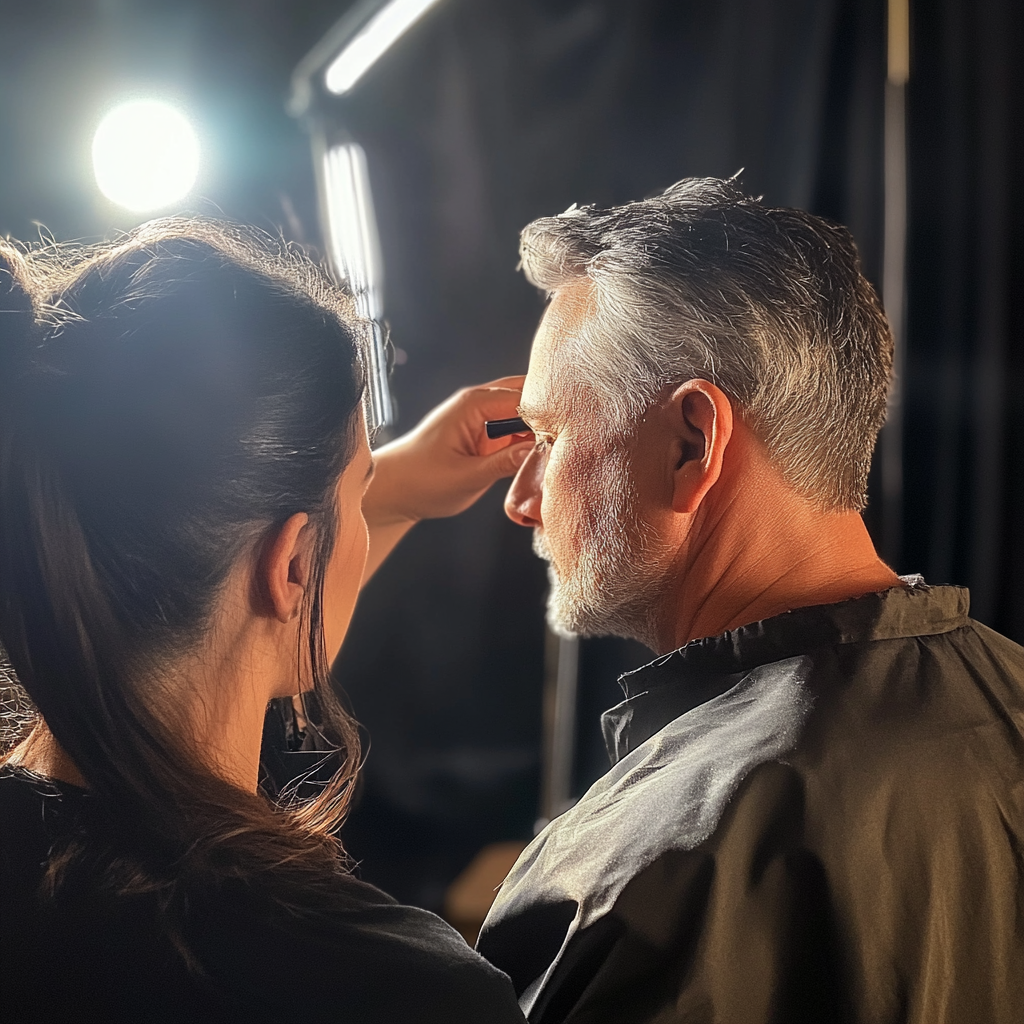 Une maquilleuse s'occupant d'un homme âgé sur un plateau de tournage | Source : Midjourney