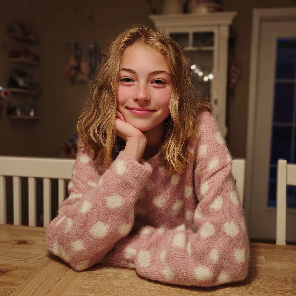 Une adolescente souriante assise à une table | Source : Midjourney