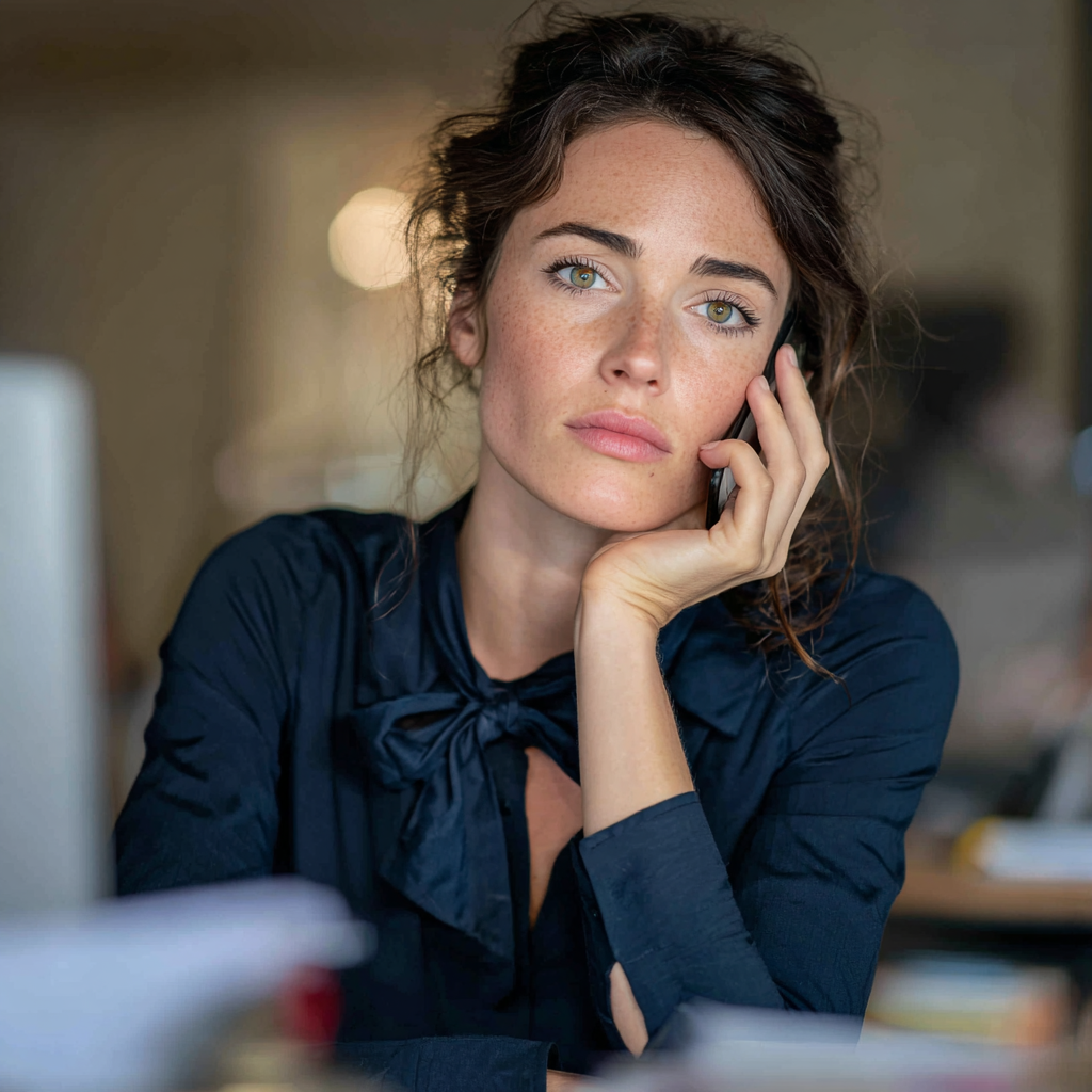 Une femme assise à son bureau et parlant au téléphone | Source : Midjourney
