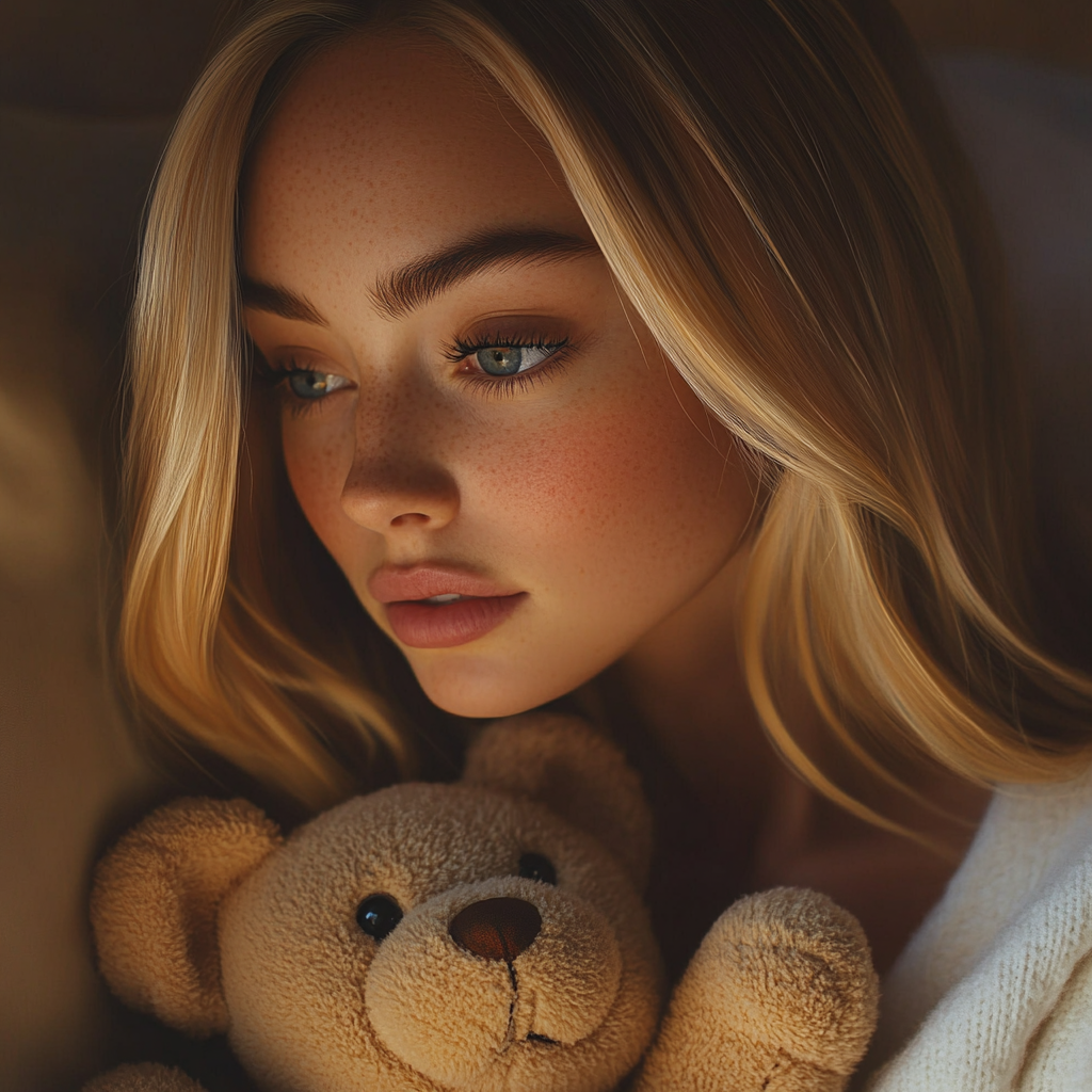 Une femme triste tenant un ours en peluche | Source : Midjourney