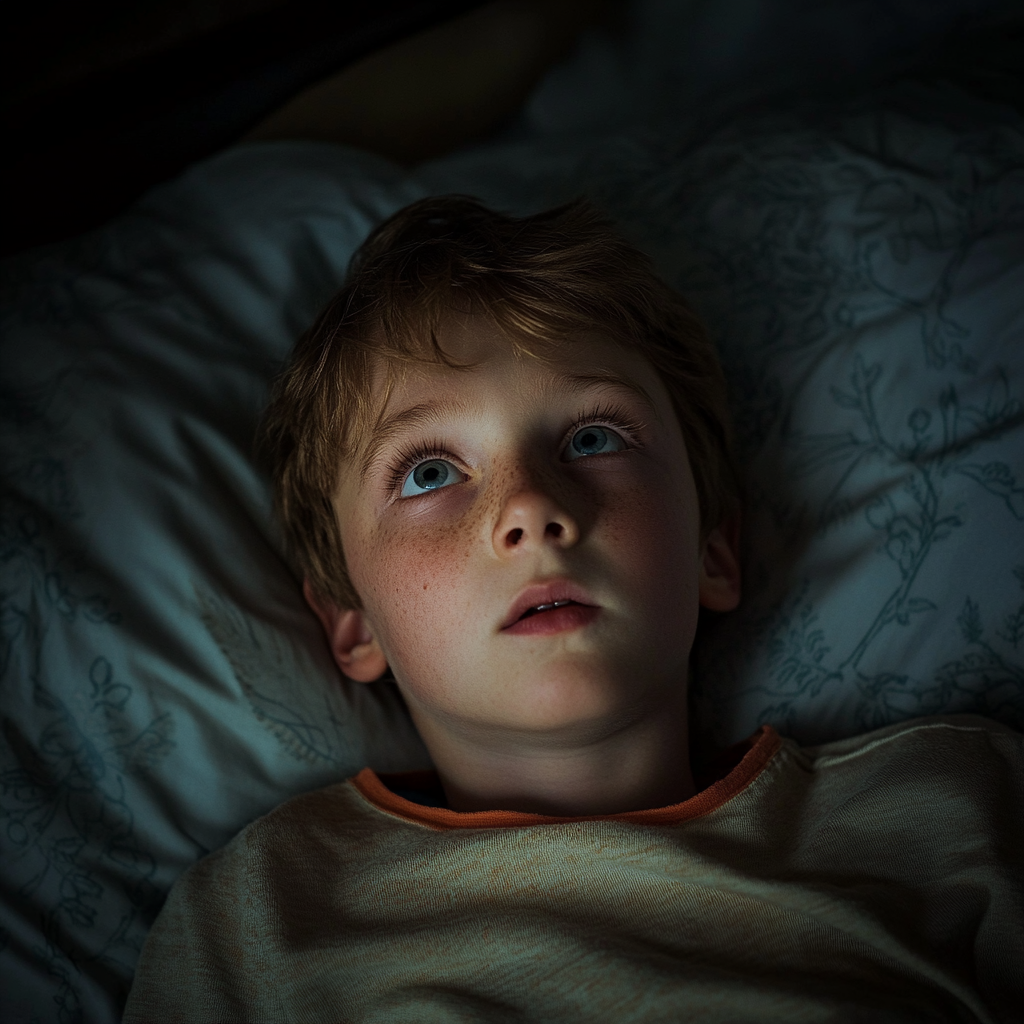 Un jeune garçon allongé dans son lit la nuit | Source : Midjourney