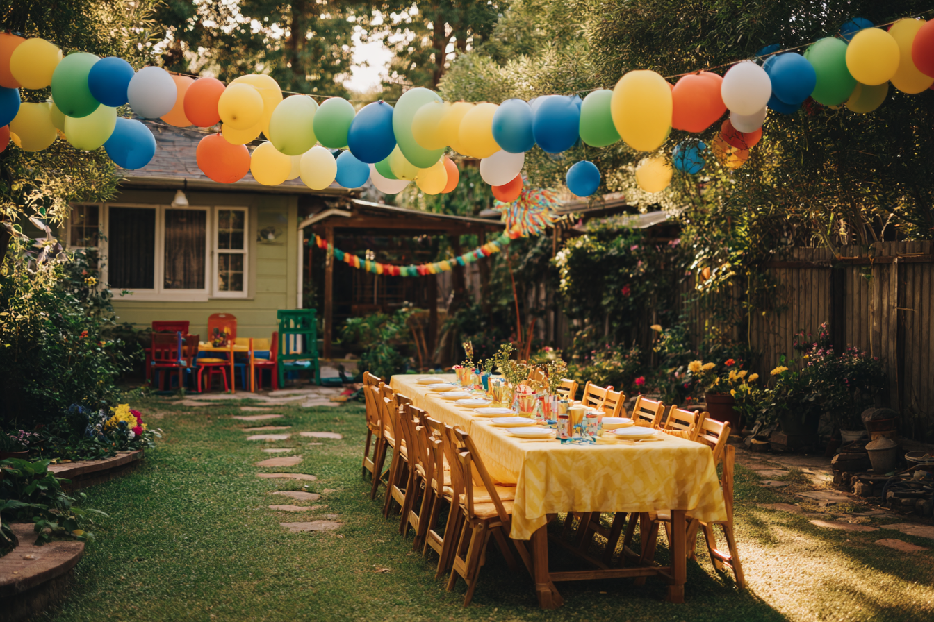 Décor d'anniversaire dans une arrière-cour | Source : Midjourney