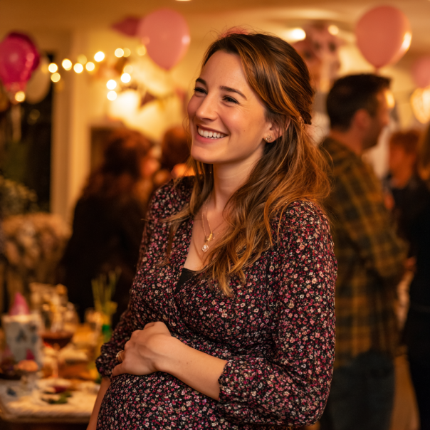 Une femme enceinte semble heureuse lors d'une fête | Source : Midjourney