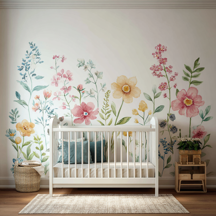 Une chambre de bébé avec des fleurs peintes à l'aquarelle sur le mur | Source : Midjourney