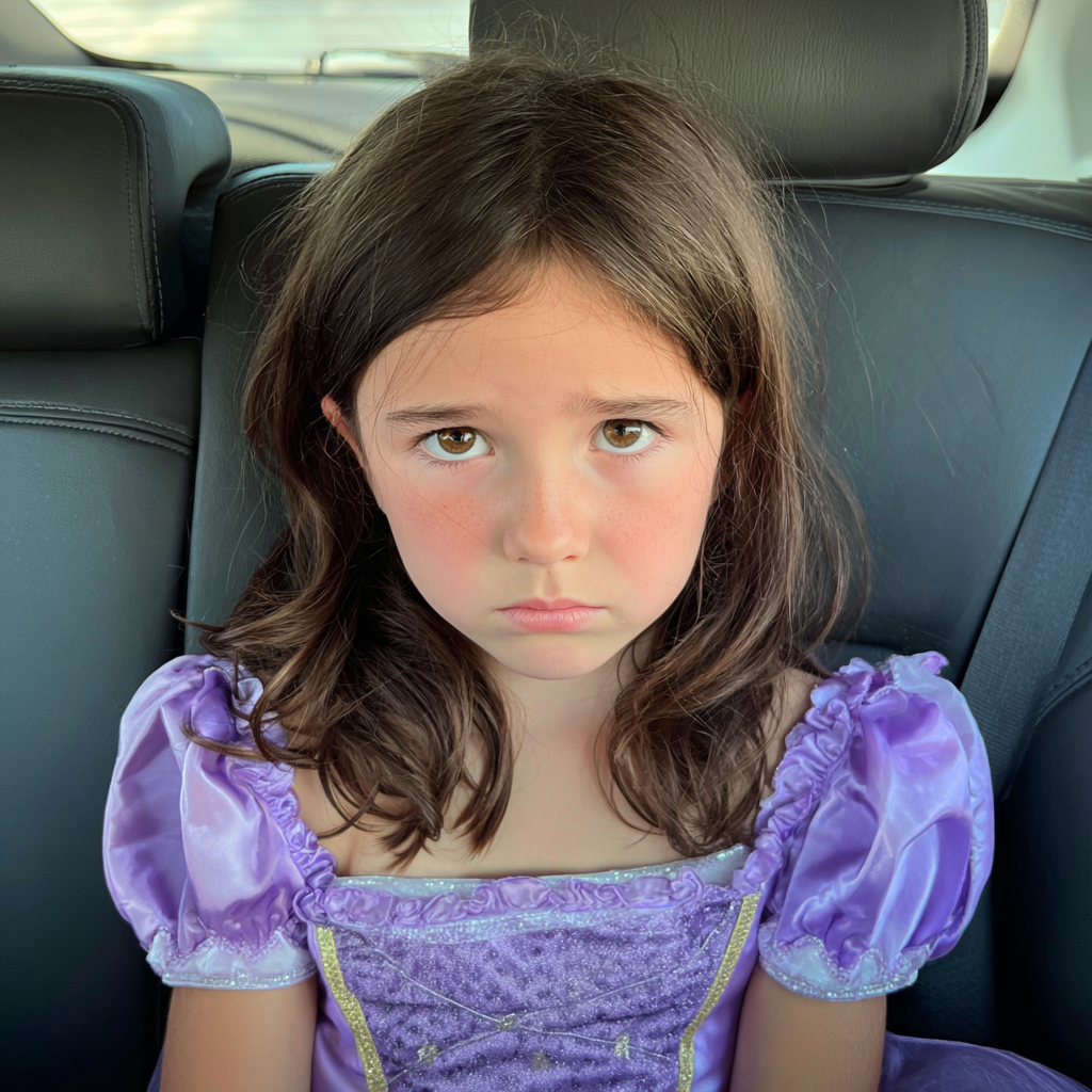Une petite fille renfrognée assise dans une voiture | Source : Midjourney