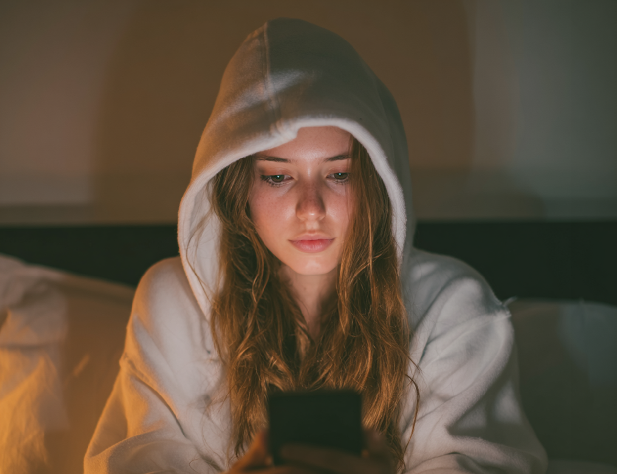 Une femme assise sur son lit et utilisant son téléphone portable | Source : Midjourney