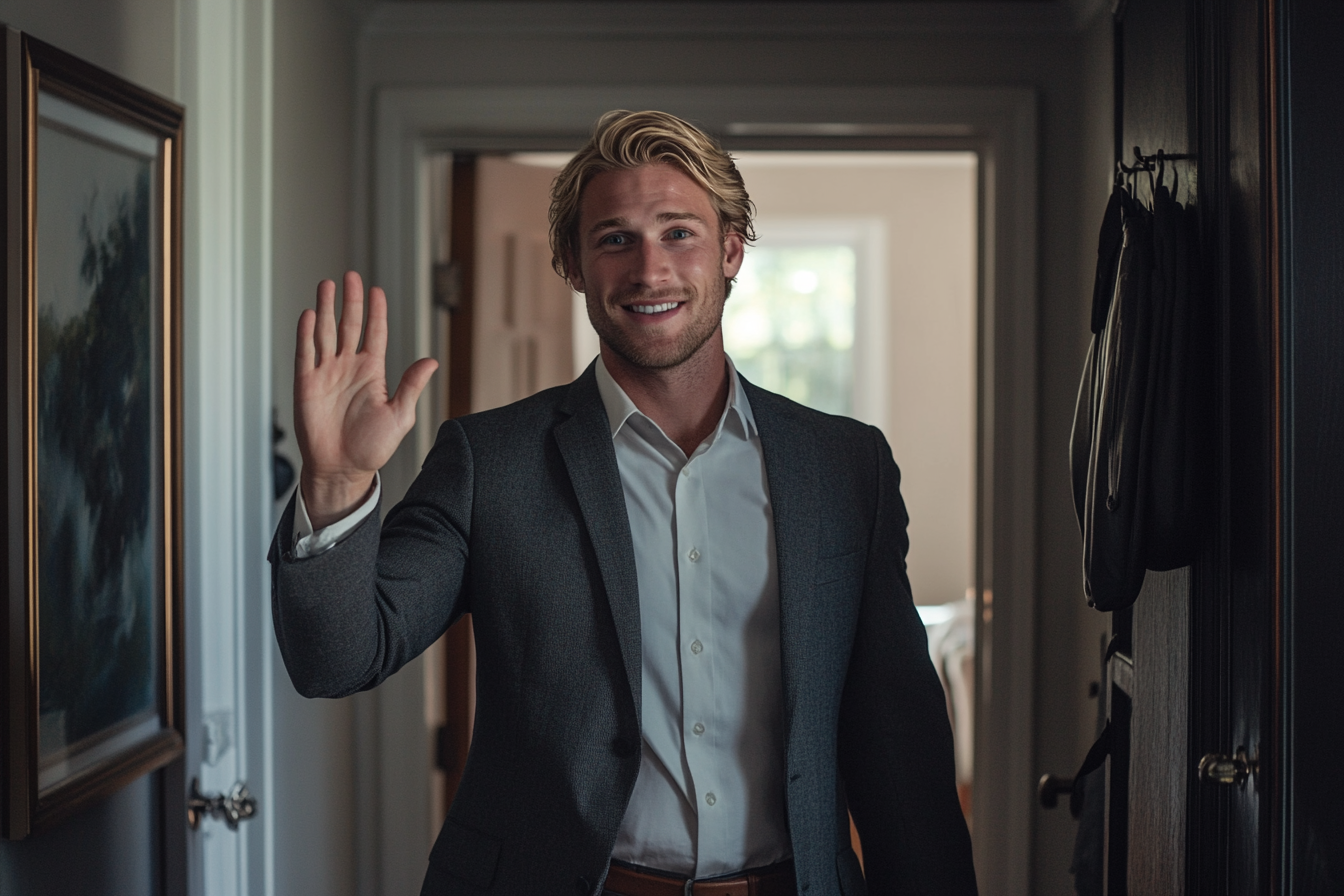Un homme blond souriant en costume fait un signe d'adieu alors qu'il se trouve dans un couloir | Source : Midjourney