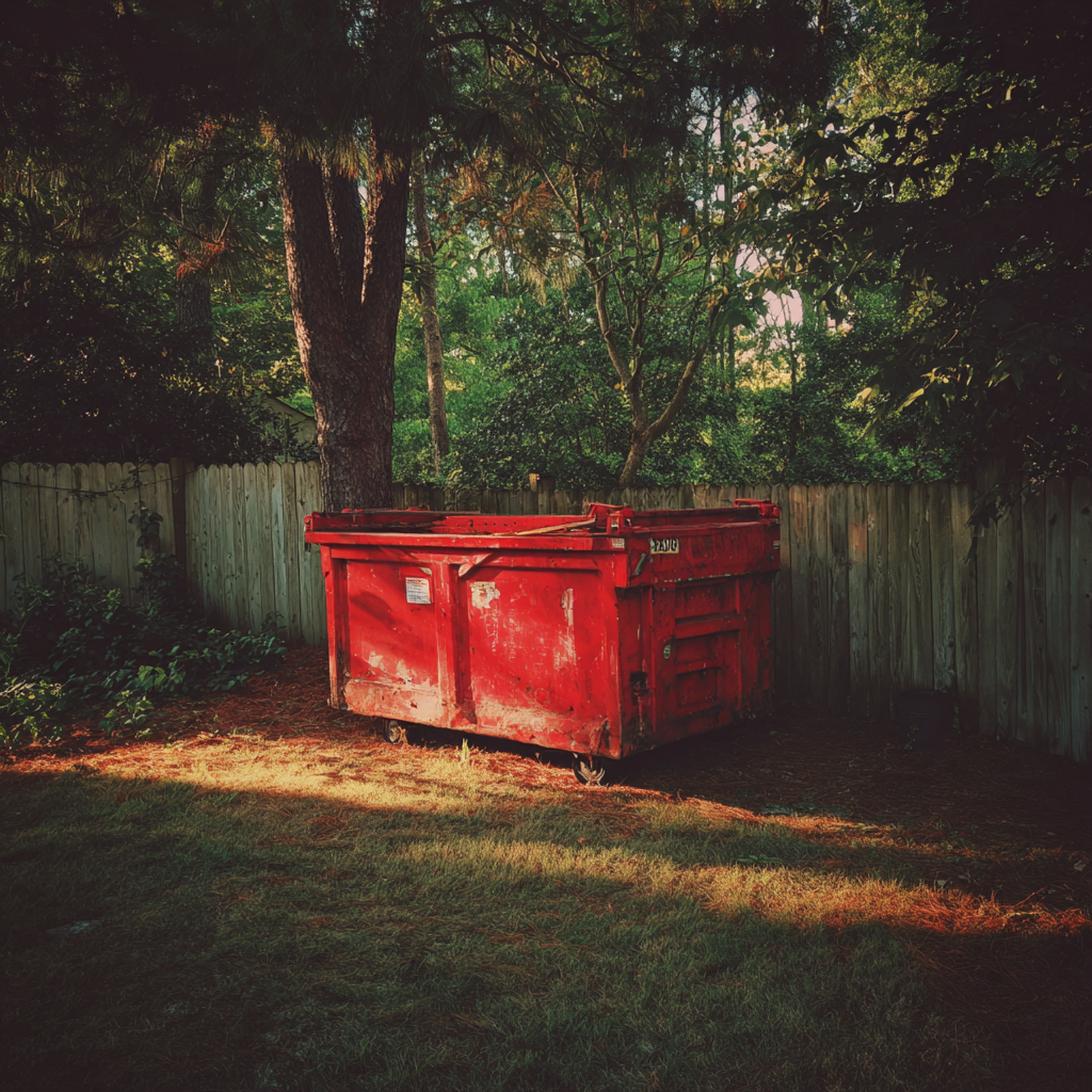 Une benne rouge dans une arrière-cour | Source : Midjourney