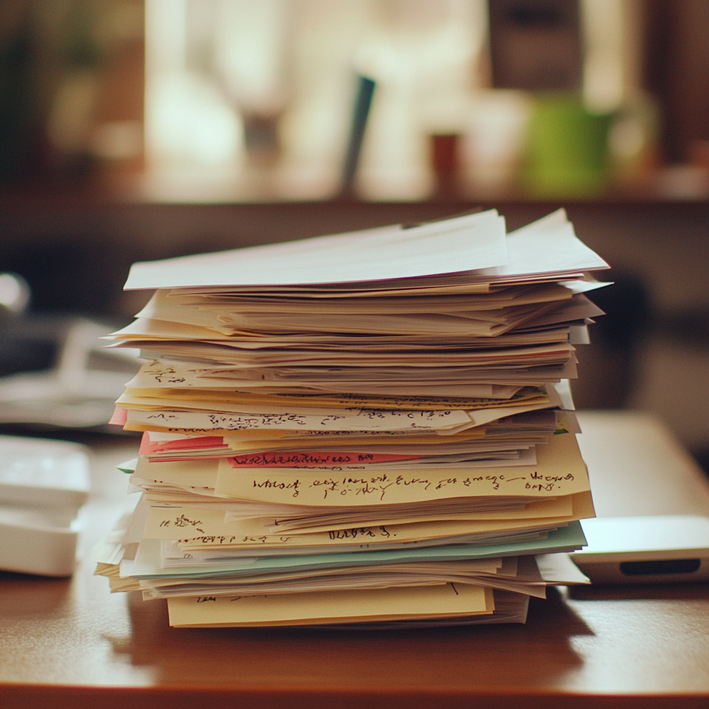 Une pile de papiers sur un bureau | Source : Midjourney