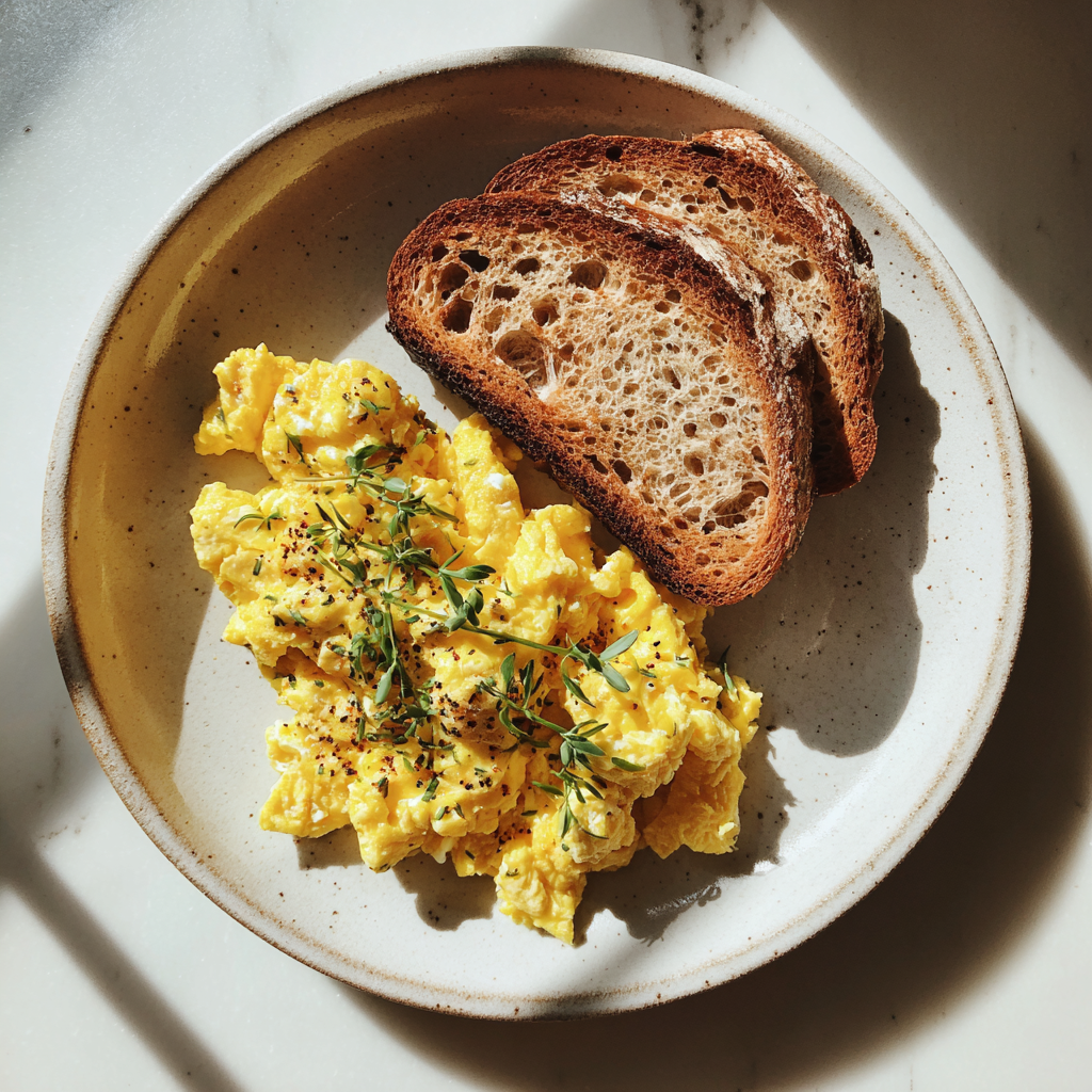 Une assiette d'œufs brouillés et de pain grillé | Source : Midjourney