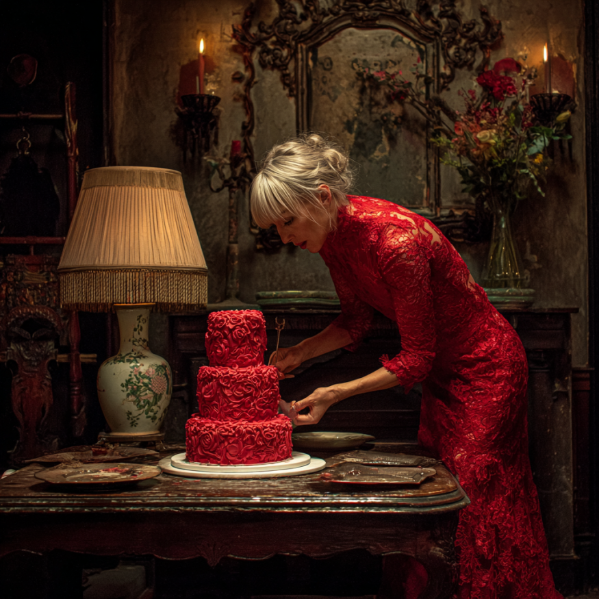 Une femme debout devant un gâteau | Source : Midjourney