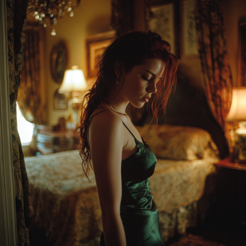 Une femme portant une robe de soie verte | Source : Midjourney
