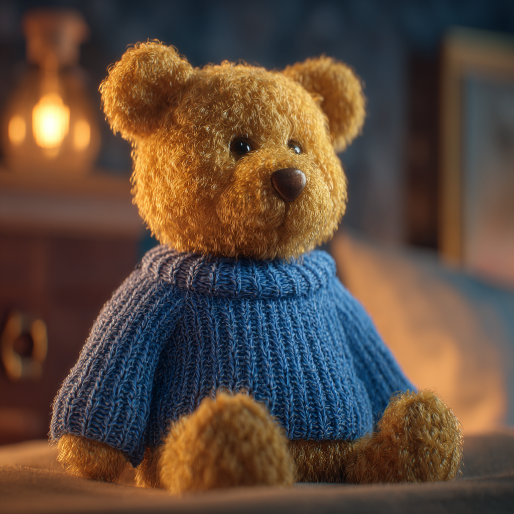 Un adorable ours en peluche portant un pull bleu | Source : Midjourney