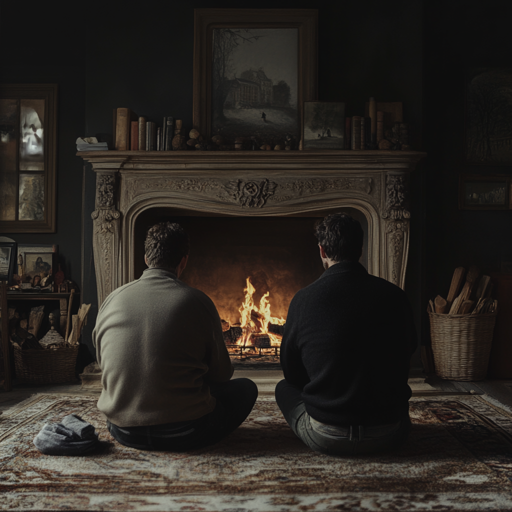 Deux hommes assis devant une cheminée | Source : Midjourney