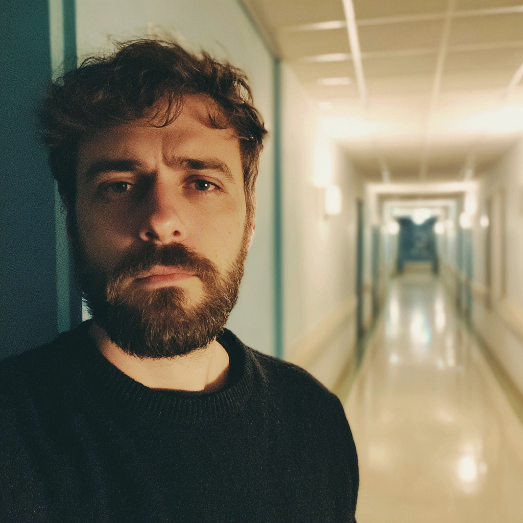Un homme nerveux debout dans un couloir d'hôpital | Source : Midjourney