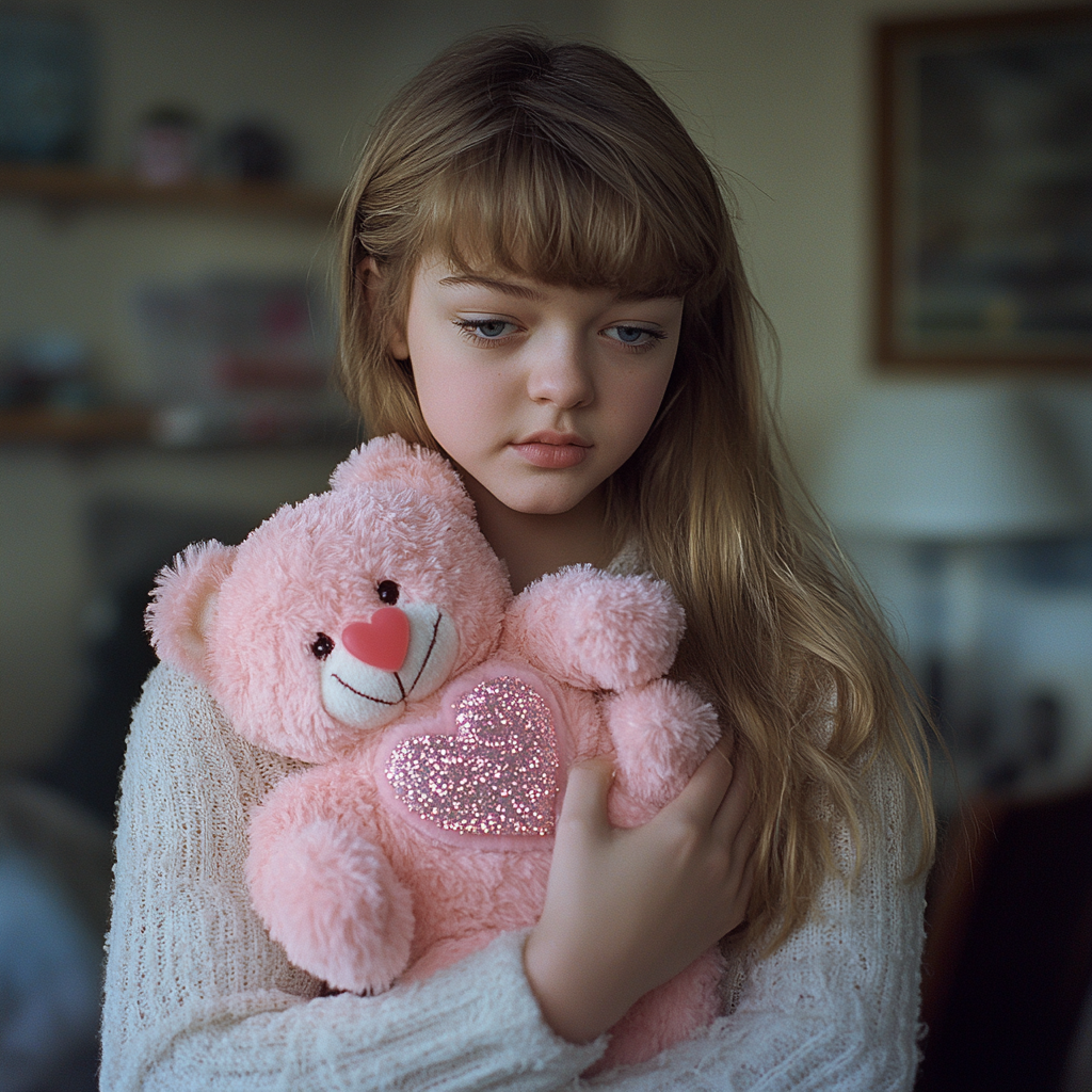Une fille malheureuse serrant un ours en peluche | Source : Midjourney