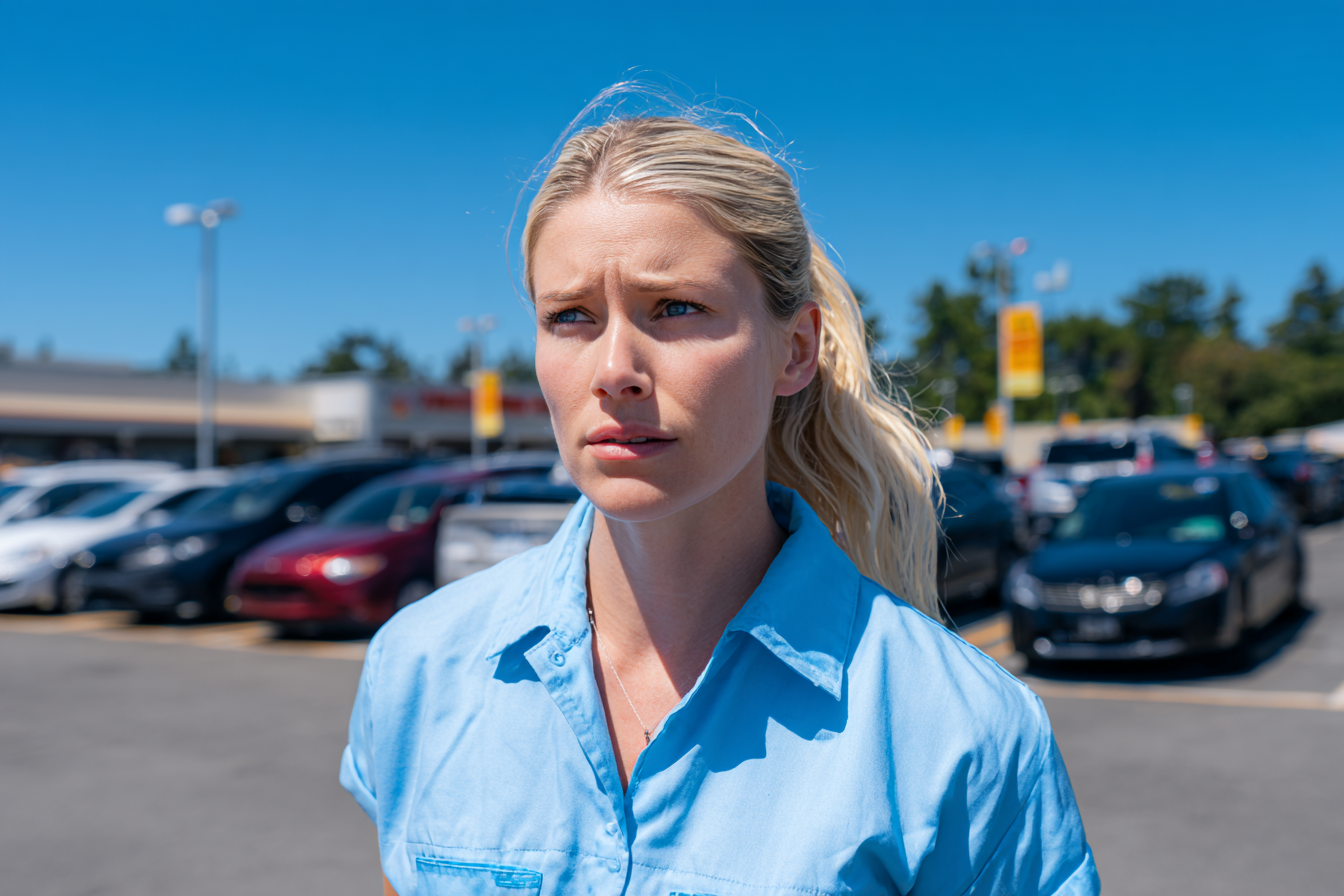 Une femme à l'air préoccupé se tenant dans un parking | Source : Midjourney