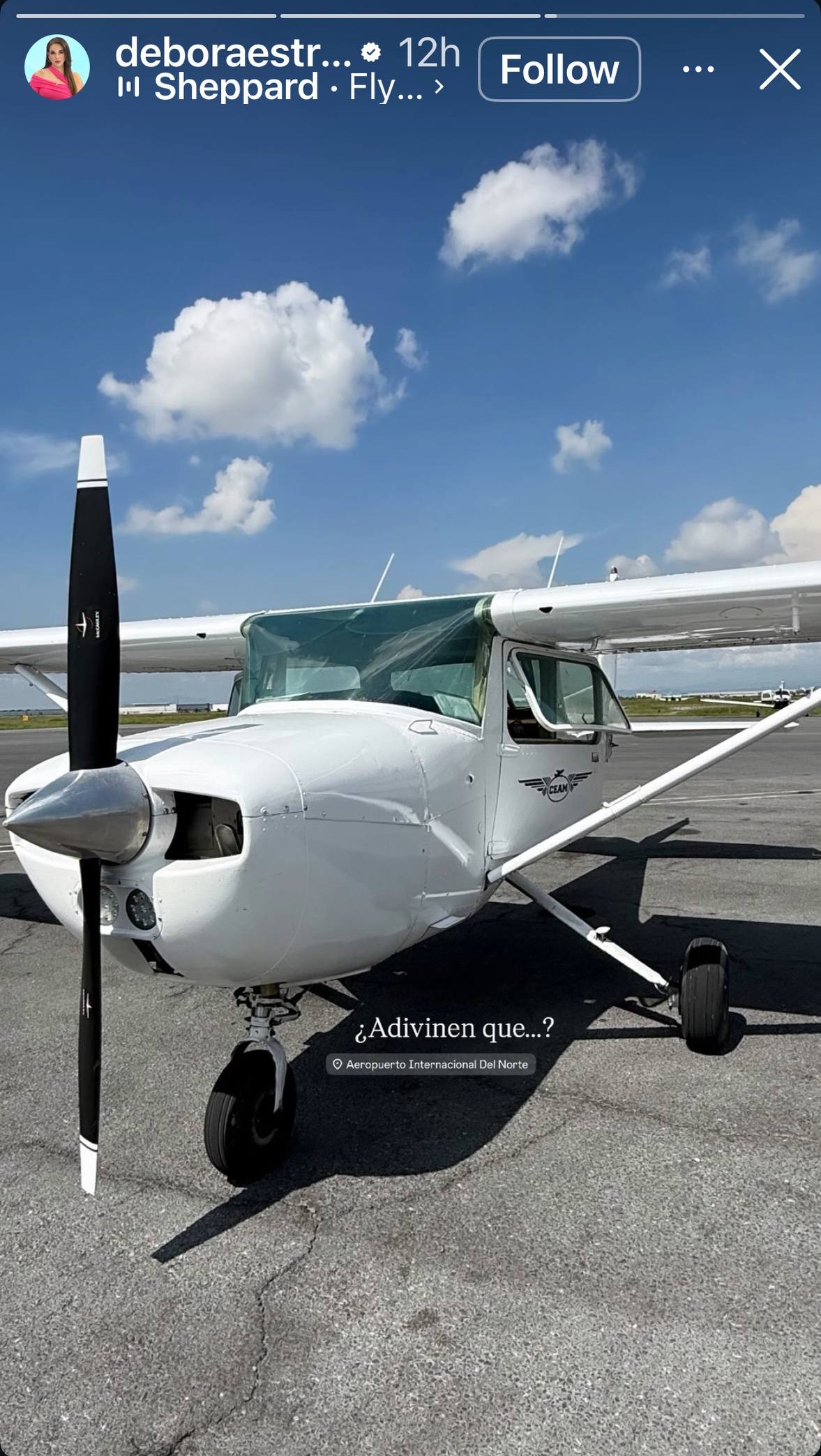 Photo d'un avion léger blanc avec le logo du CEAM sur la porte | Source : Instagram Stories/deboraestrella