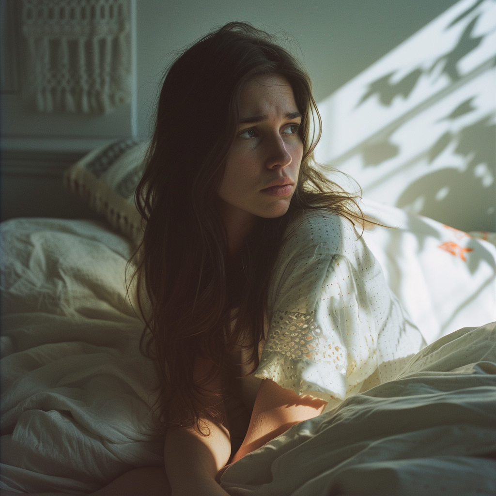 Une femme assise dans son lit | Source : Midjourney