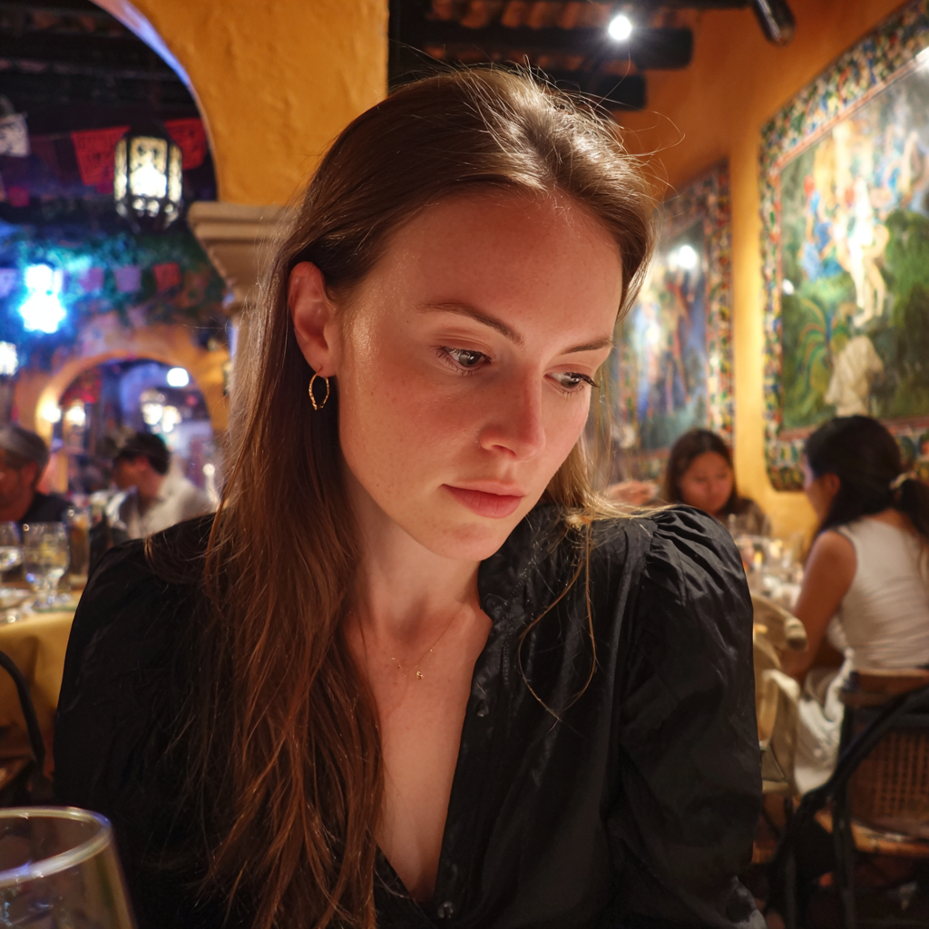 Une femme assise à une table et regardant vers le bas | Source : Midjourney
