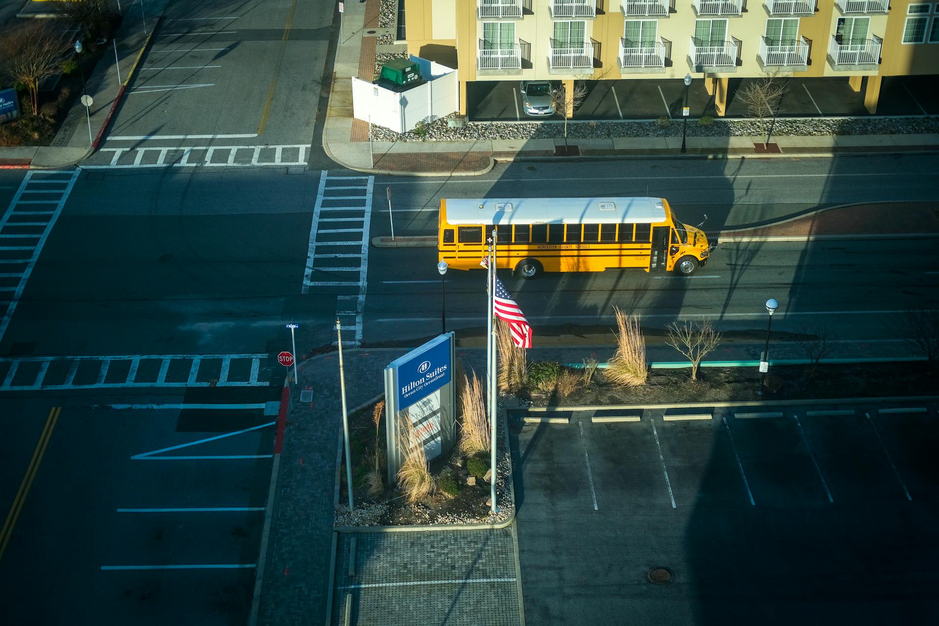 Vue aérienne d'un bus scolaire sur une route | Source : Pexels