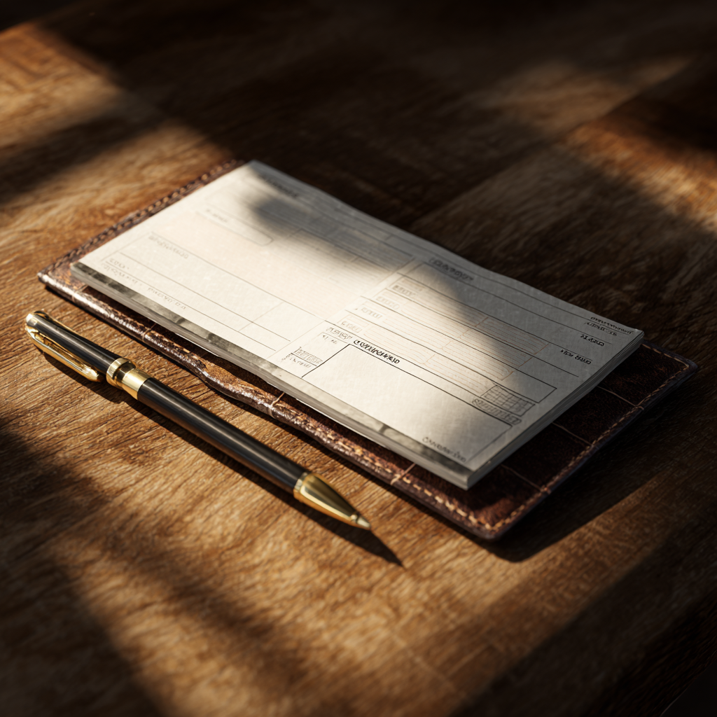 Un stylo à côté d'un chéquier | Source : Midjourney