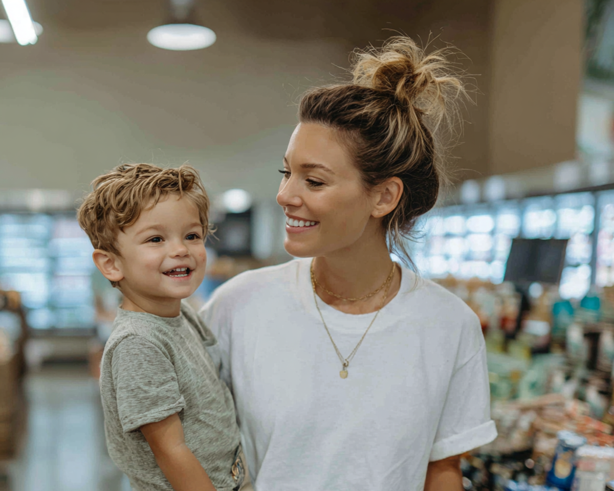 Une femme portant son fils dans une épicerie | Source : Midjourney