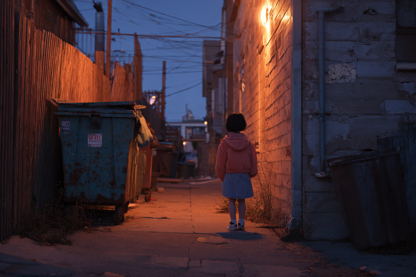 Une fille debout près d'une benne à ordures | Source : Midjourney