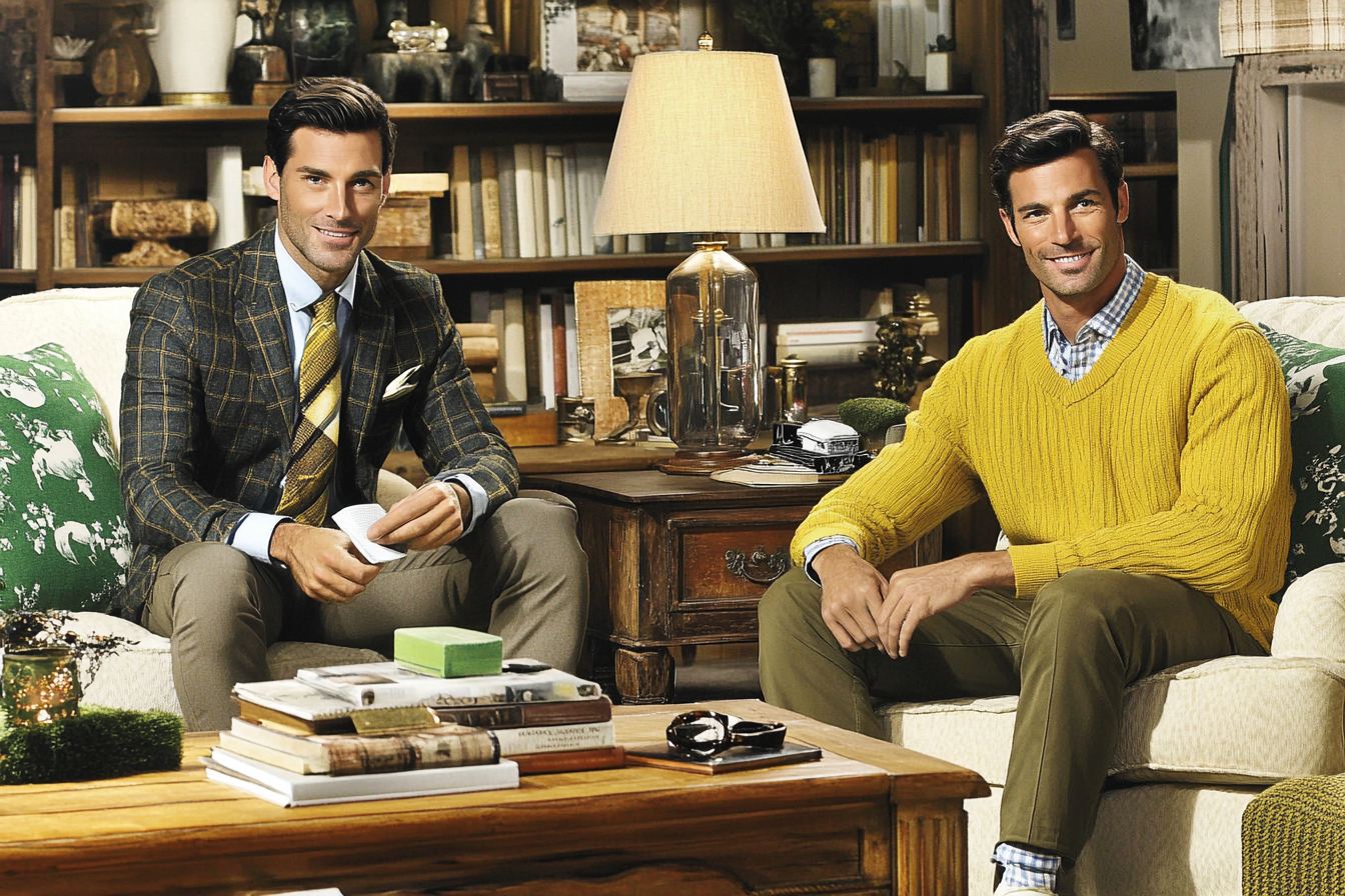 Deux hommes assis dans le salon | Source : Midjourney