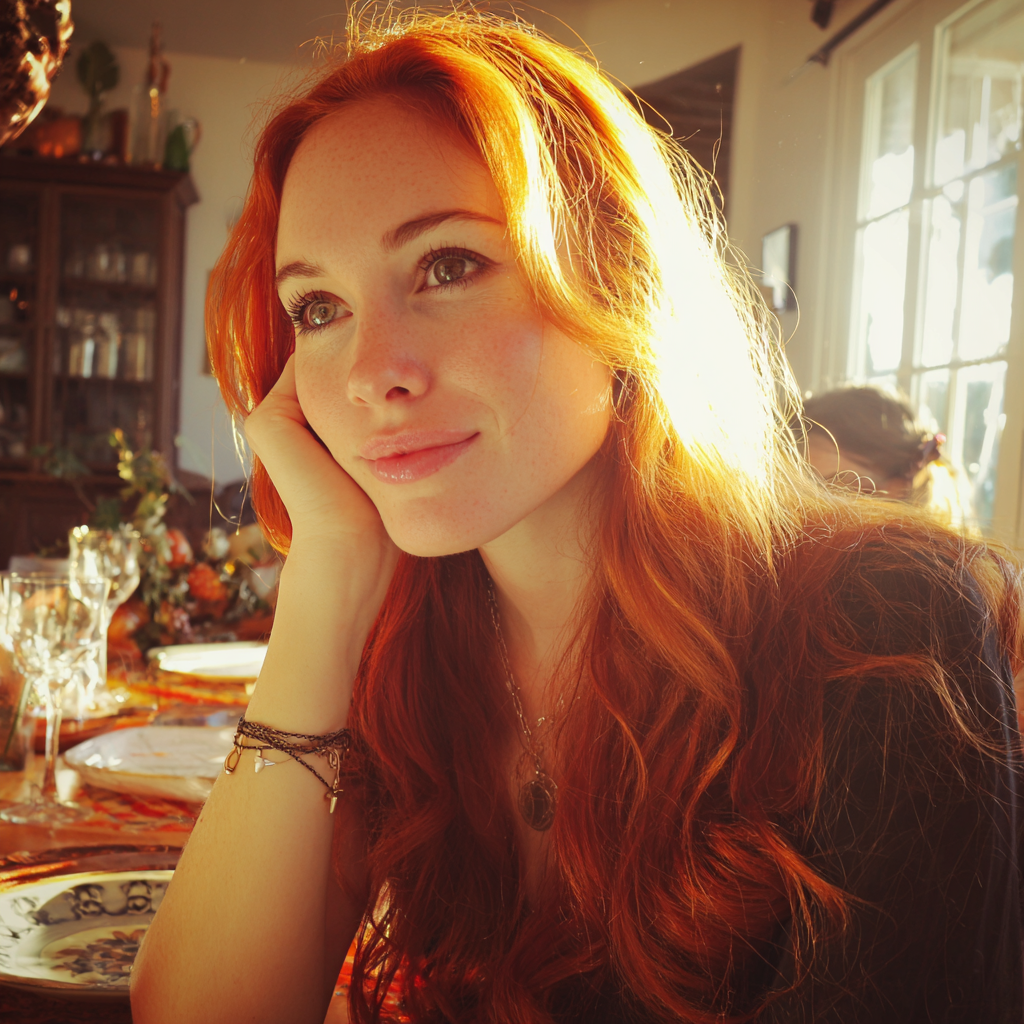 Une femme amusée assise à une table | Source : Midjourney