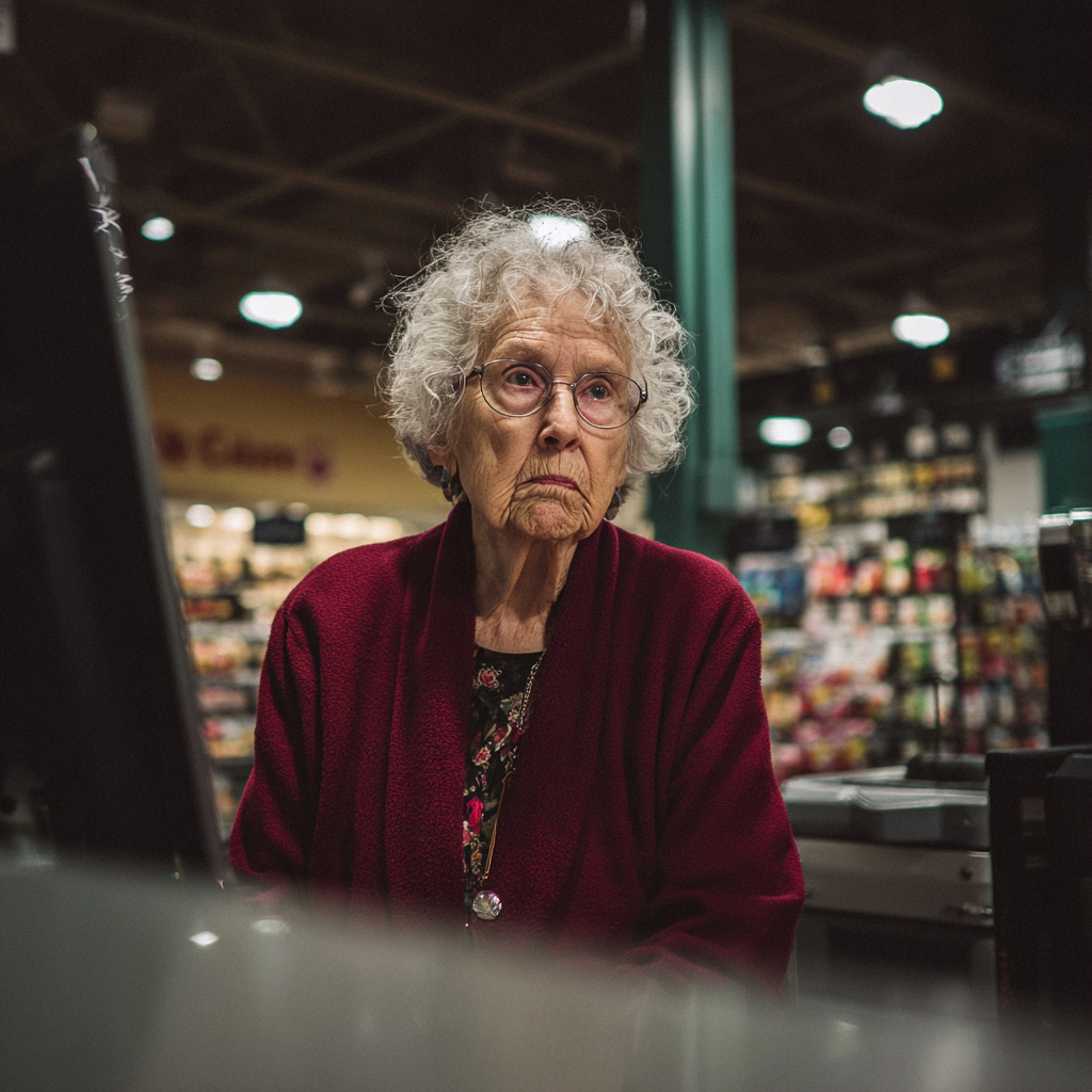 Une vieille femme debout dans une épicerie | Source : Midjourney