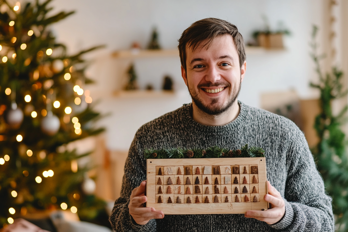 Un homme tenant un calendrier de l'Avent | Source : Midjourney