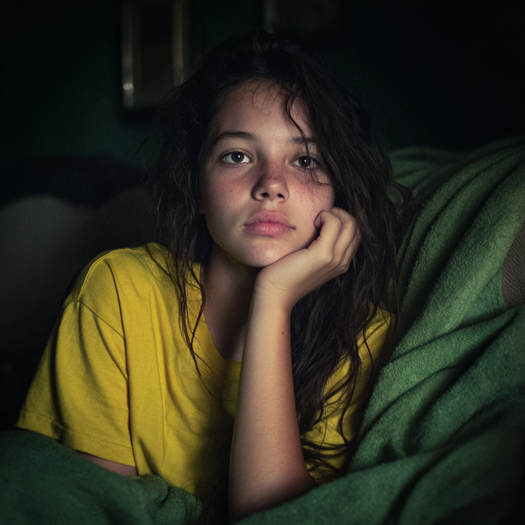 Une petite fille assise sur un canapé avec une couverture | Source : Midjourney